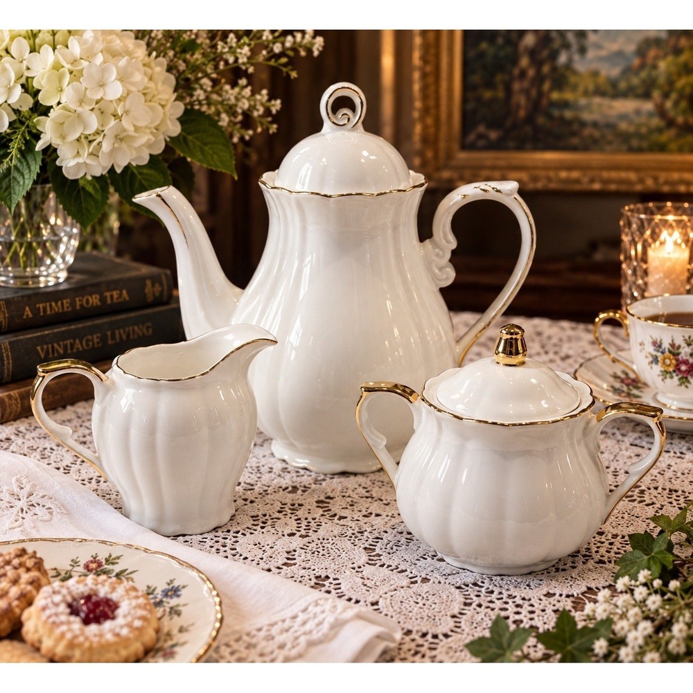 Grace Teaware Fine Porcelain Coffee Tea Pot Sugar Creamer Gold Trim 3 Pc Set